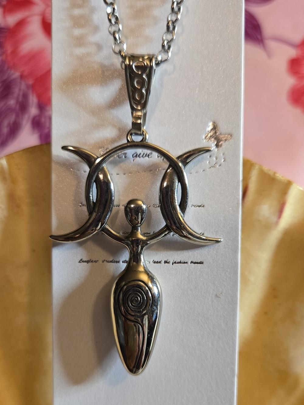 Stainless Steel Triple Moon Goddess Pendant Necklace - Silver